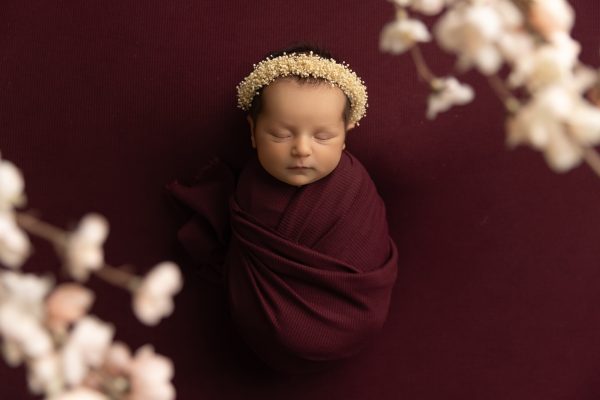 maroon newborn studio wrapped portrait with soft pink flowers