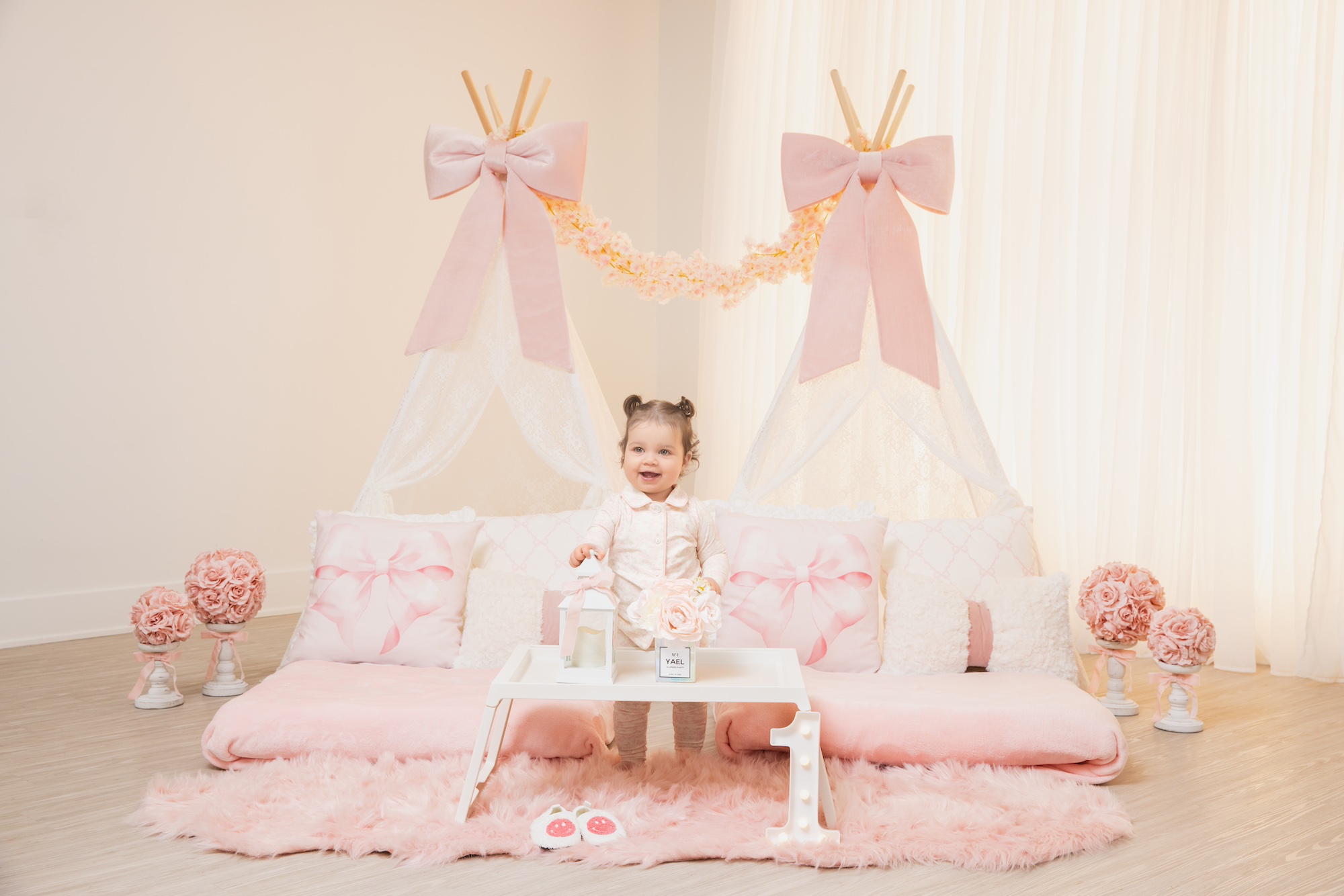 girl smiling at a slumber party studio session