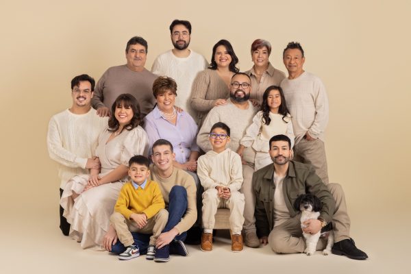 generational family session with grandparents, children, grandchilren and dog in a Chicago Studio