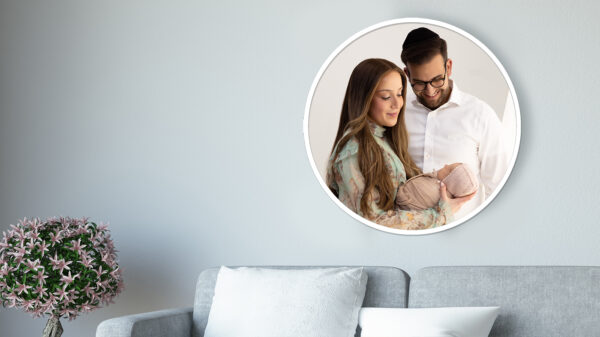image of a couch with a newborn family photography studio image hanging above it