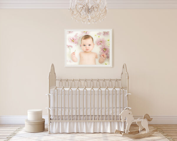 image of a framed portrait of a baby girl in a milk bath above her crib in Chicago