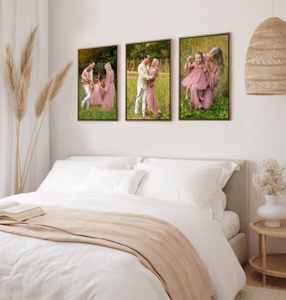 image of a bedroom with three pictures hanging above the bed taken at an outdoor Chicago park family session