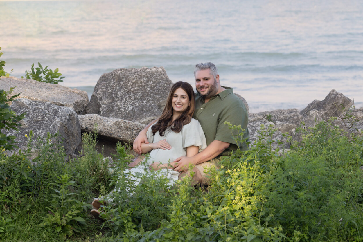 Couple posed at a Lake Michigan Maternity session
